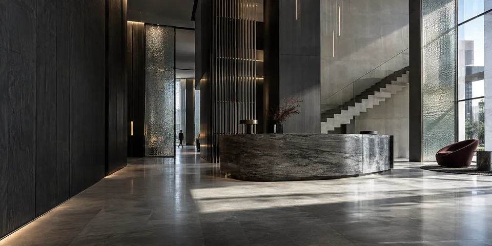 Atrium concept with a sculptural stone reception and staircase.